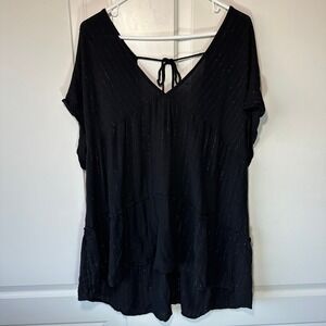 Black Tunic Top V Neck Tie Back Tiered Gold Metallic‎ Stripe Boho Blouse 2XL